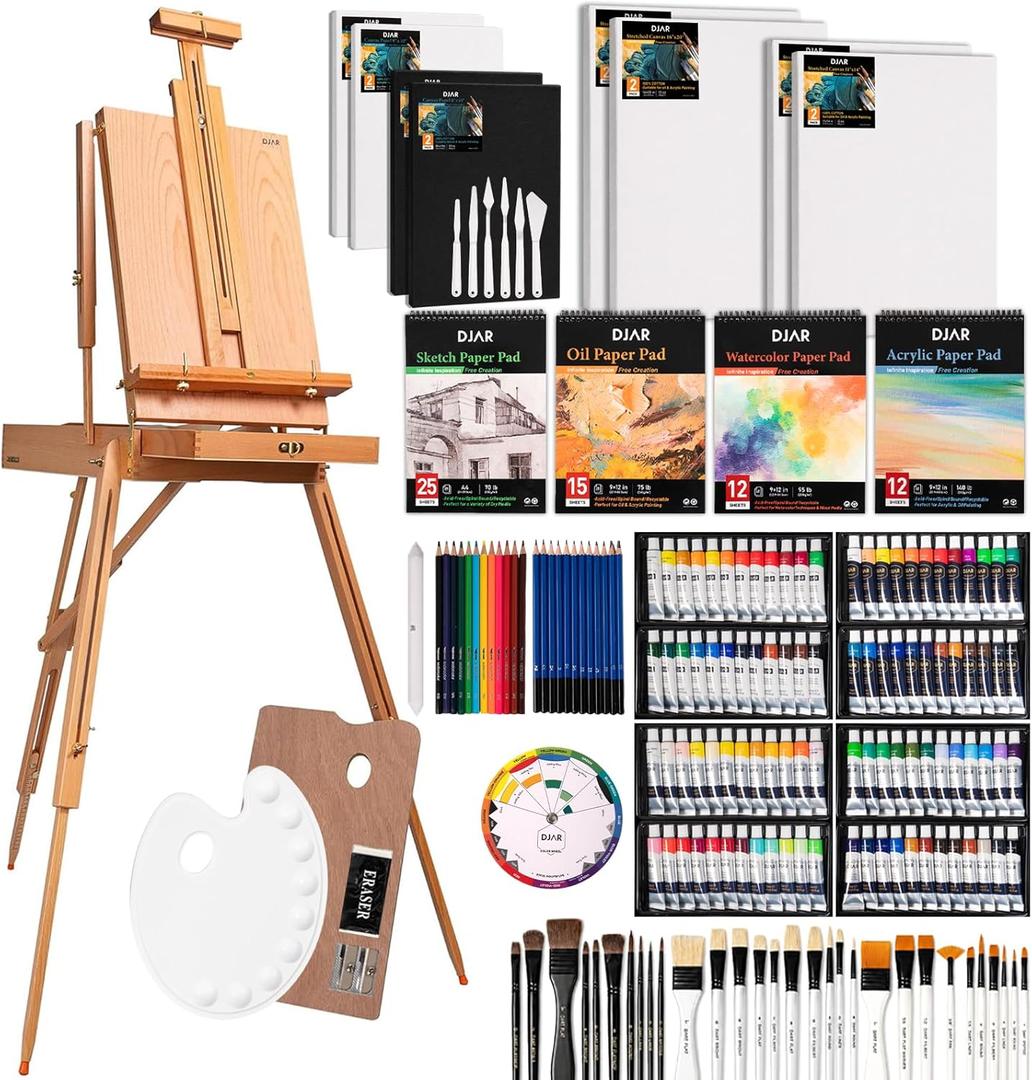 DJAR 169-Piece Wooden French Easel Art Painting Kit for Adults