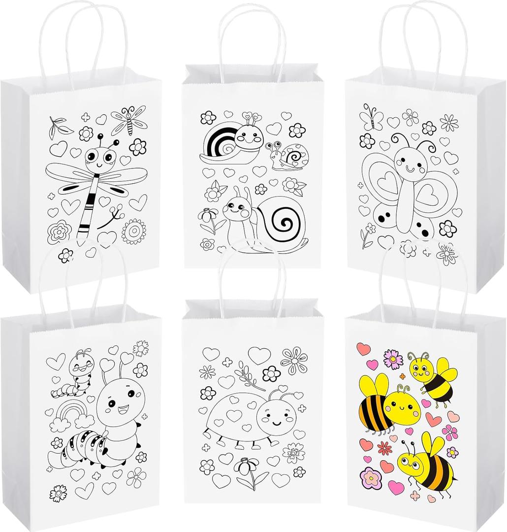 Zhanmai 24 Pcs Color Your Own Valentine Bags Paper Coloring Love Bug Bags Valentine's Day Craft Insect Themed Gift Organizer with Handles DIY Painting Spring Fun Home Activities