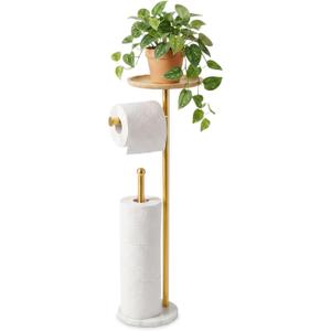 Standing Toilet Paper Holder Gold with 7.9" Big Tray, 2.2Lbs Heavier Marble Base, Freestanding Paper Holder Stand with Phone Shelf, Holds 5 Paper Rolls (Gold)