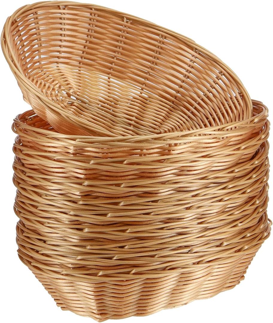 SINJEUN 20 Pack Wicker Bread Basket, Handwoven Oval Plastic Basket, Woven Tabletop Fruit Vegetables Food Serving Basket for Home, Kitchen, Restaurant, Light Brown (20 Pack 9 x 5.9 x 2.5 Inch)