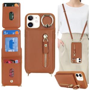 for iPhone 12 Mini Case with Card Holder for Women, for iPhone 12 Mini Phone Case Wallet with Strap Credit Card Slots Crossbody with Kickstand Zipper Case - Brown