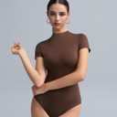 Women's Mock Neck Short Sleeve Bodysuit Double-Lined Seamless Body Suits for Women Basic T-Shirt Tops (Brown, XS)
