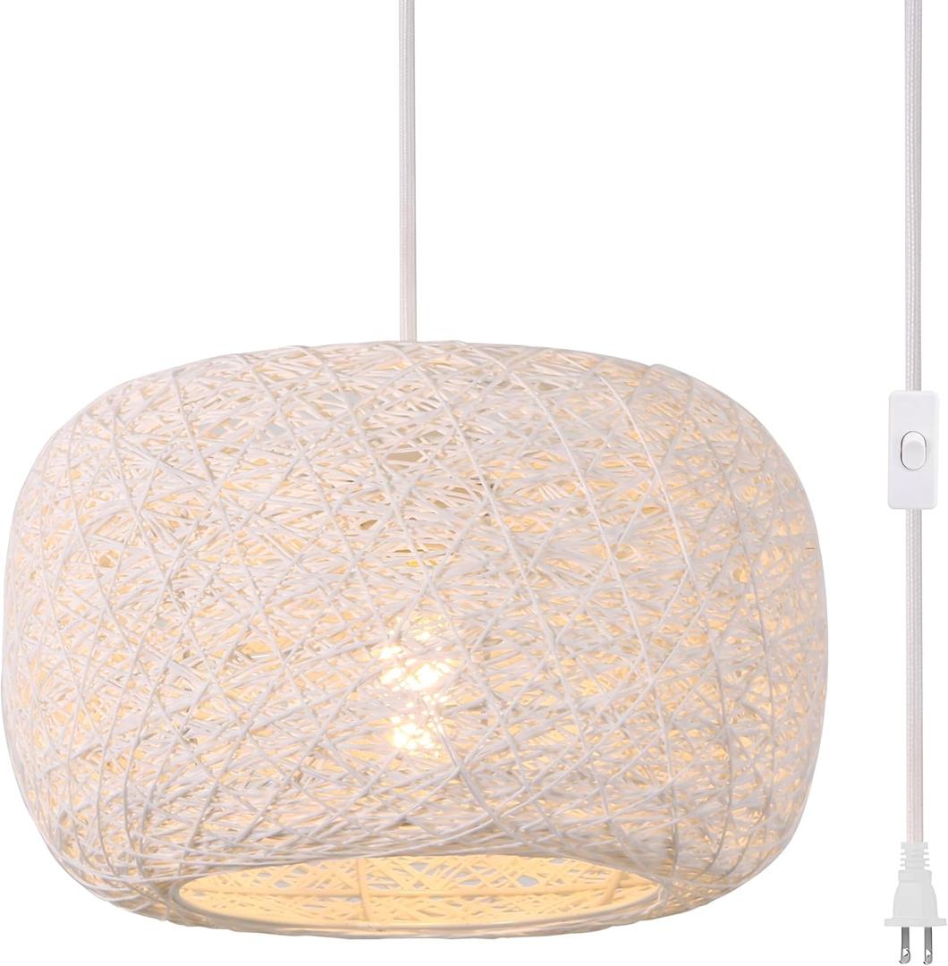 Plug in Pendant Light with Woven Rattan Lampshade, 12 Boho Hanging Lamp with 15FT Cord & On/Off Switch, E26 Socket, Ceiling Hook Installation for Bedroom Living Room Dining Nook Apartment