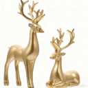 2Pcs Christmas Reindeer Figurines, Resin Reindeer Sculpture, Gold Elk Statues Decor for Living Room Bedroom Bathroom Bookshelf Office Desktop Cabinets (Gold, S)