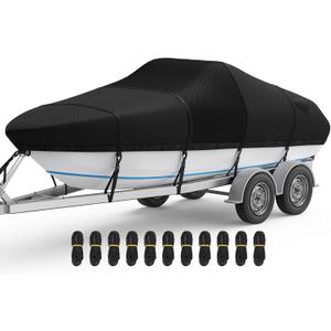 RVMasking Waterproof Boat Cover 20-22 ft, 1400D Heavy Duty Middle Reinforced Marine Grade Trailerable Cover, Fits 20'-22' V-Hull Tri-Hull Bass Boat Runabout Fish Ski Boat with Storage Bag, Black (20'-22' Long, Beam Width to 100")