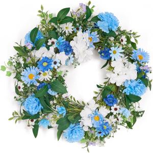 GENMOUS 24 Inch Summer Spring Blue Daisy Wreath for Front Door, Rustic and Farmhouse Flower Wreath with Myosotis sylvatica, Indoor&Outdoor Wedding Wall Home Decor