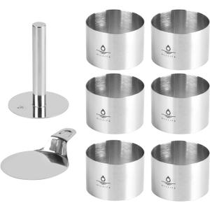 8 Pcs Cake Ring Molds, Seamless Stainless Steel Cake Cutter For Baking, 3 inch Cooking Rings with Pusher & Lifter, Dessert Mousse Molds Baking Tools, Includes 1 Pusher, 1 Lifter and 6 Rings