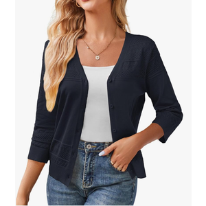 GRACE KARIN Women's 2025 Cropped Cardigan 3/4 Sleeve Lightweight Crochet Shrug Hollowed-Out Knit Sweater Tops XL