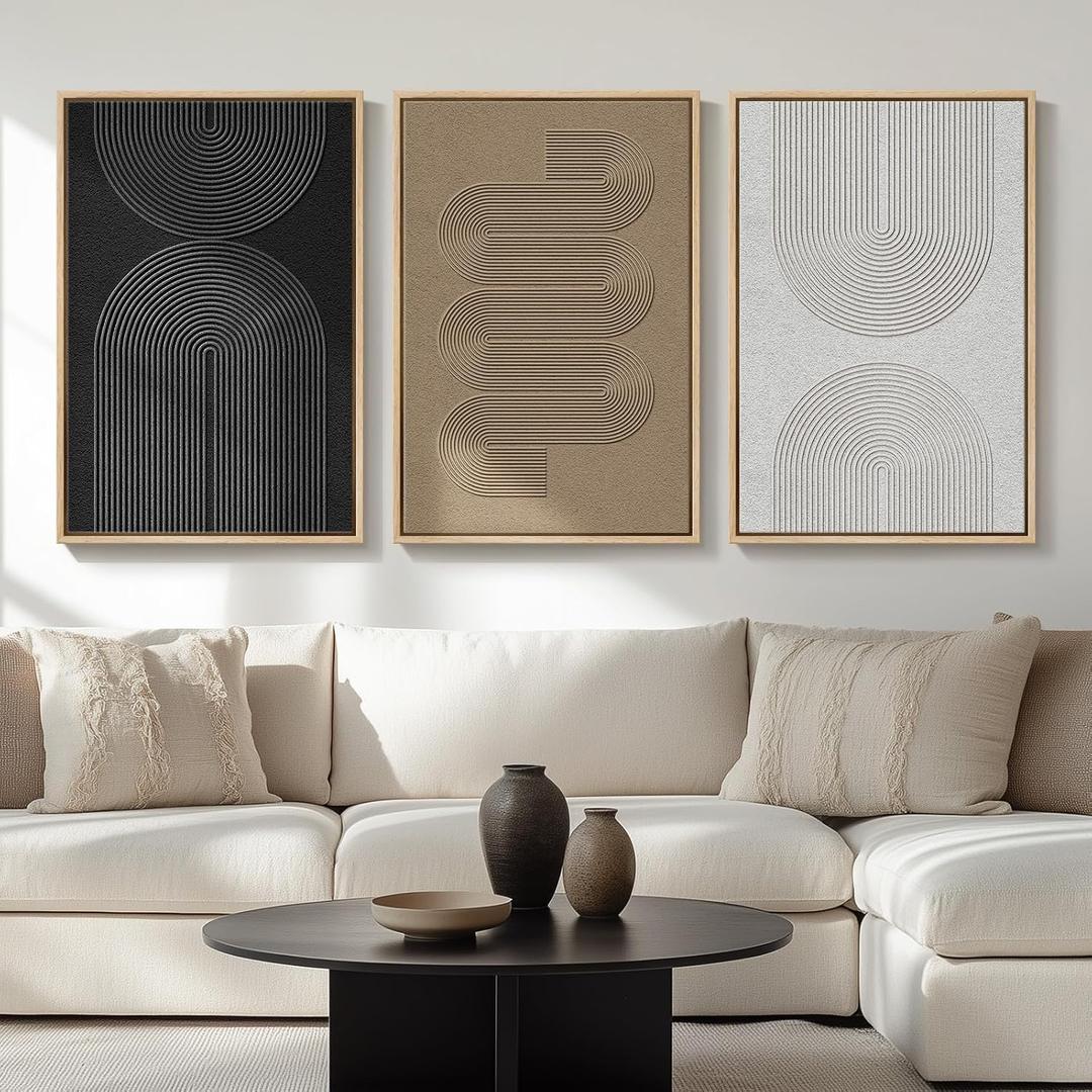 Large Framed Boho Modern Neutral Abstract Wall Art for Living Room, 3 Piece Black and White Canvas Prints Paintings Artwork for Walls, Geometric Pictures for Office Bedroom Dining Room Decor, 24x36 In, 24" W X 36" H X 3pcs