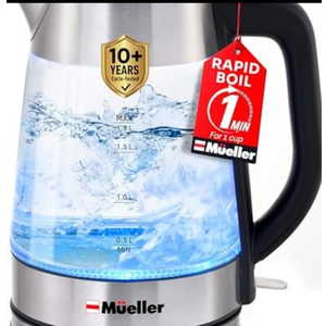 Mueller Rapid Boil Electric Tea Kettle 1.8L – Borosilicate Glass & Stainless Steel – BPA-Free Hot Water Boiler, LED Light, Auto Shut-Off, Boil Dry Protection Fast Water Heater – Kitchen Appliances