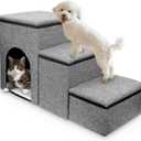 Fhiny Dog Stairs with Storage, 3-Steps Foldable Pet Stairs for Small Dogs Non-Slip Puppy Steps with Condo for High Bed & Couch Dog Ramp for Old Dogs and Cats, Holding up to 160 lbs Pets (Grey)
