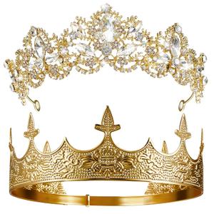 Sureio 2 Pcs King and Queen Crowns Set Antique Baroque Royalty Tiaras Costume Accessories for Halloween Couple Cosplay, Birthday Wedding Prom Party(Elegant Style)