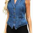 Ladyful Lapel Denim Vest for Women Sleeveless Business Work Jean Waistcoat Vest (Large, B-medium Blue)