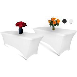 Luxury Collection 6ft Tablecloth Rectangular Spandex Linen - White Table Cloth Fitted Cover for 6 Foot Folding Table, Wedding Linens Banquet Cloths Rectangle Covers (2 Pack)