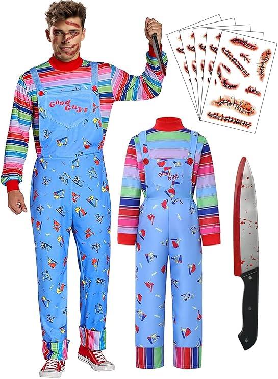 LENOAPHYS Halloween Costume Chucky Costume for Adults Men Outfit Women Long Sleeve Overalls Prop Knife Toy Scar Tattoos - L Size