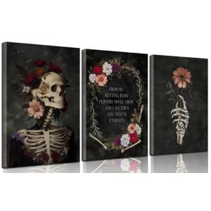 3Pcs Gothic Romantic Skull Canvas Wall Art Dark Academia Moody Flowers Wall Decor Pictures Halloween Room Aesthetic Posters Prints for Bedroom Gallery Home Decoration 16x24in