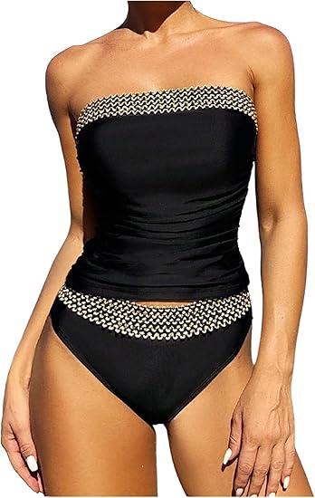 Women's 2 Piece Color Black Tankini Set Bandeau Strapless Ruched Bathing Swimsuit , XL