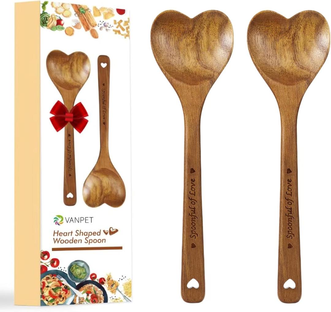 Wooden Heart Spoons - Heart Shaped Wooden Spoon Kitchenware for Cooking with Love, Unique Mother's Day Gifts for Cooks Hostesses Mom Grandma Wife Weddings House Warming Kitchen Accessories (2 PCS)