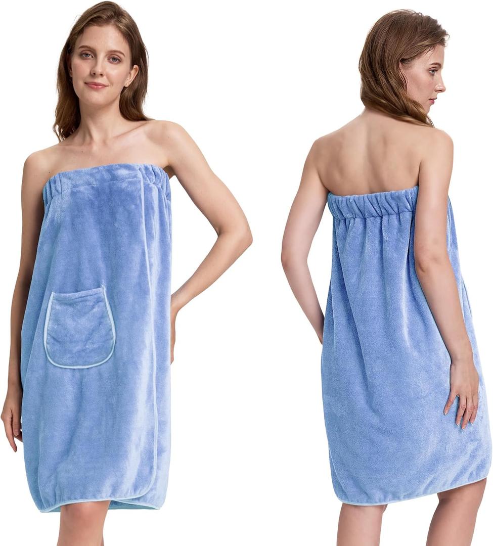 PJGGZ Towel Wrap for Women, Three Adjust Clasps Closure Bath Wraps After Shower Spa Sauna Bathrobe(Plus Size) (Small-Medium, Light Blue)