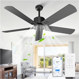 Obabala Black Ceiling Fan No Light, 52 in Outdoor Flush Mount Ceiling Fans with Remote Control without Light, 5 Blades, 6 Speed Reversible DC Motor Modern for Patios, Garage, Bedroom, Porch