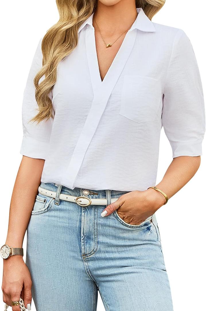 Blooming Jelly Women Collared Button Down Shirts Business Dressy Casual Blouses Work Pocket Pleated Puff Sleeve Tops (Medium, White)