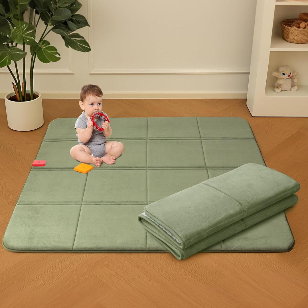 MAXYOYO 1.2" Thick Baby Play Mat for Floor, 59"x 78" Foldable Playpen Mat, Tummy Time Foam Mats Ultra Soft Support, Padded Carpet with Non-Slip Backing for Infant,Kids and Toddler Crawling, Green