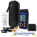 Dual-Channel K/J Thermocouple Thermometer with 4 K-Type Thermocouples -328F ~ 2501F Measurement Range HVAC Temperature Meter Gauge with Data Hold, MAX/MIN/AVG, Hi/Lo Backlit Alarm, ADJ Compensation