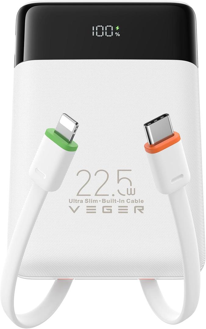 VEGER Portable Charger, Ultra Slim 22.5W Fast Charging with Built in Cable, Flight-Safe 10000mAh USB C Power Bank Battery Pack, Travel Essential Phone Powerbank for iPhone 17 16 Samsung S25 Google etc