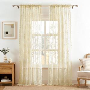 Beige Lace Curtains 96 Inches Long 2 Panels Sheer Floral Curtains for Living Room Bedroom Rod Pocket Light Filtering Drapes French Large Window Decor for Dining Room Hallway Doorway Sunroom, 52x96