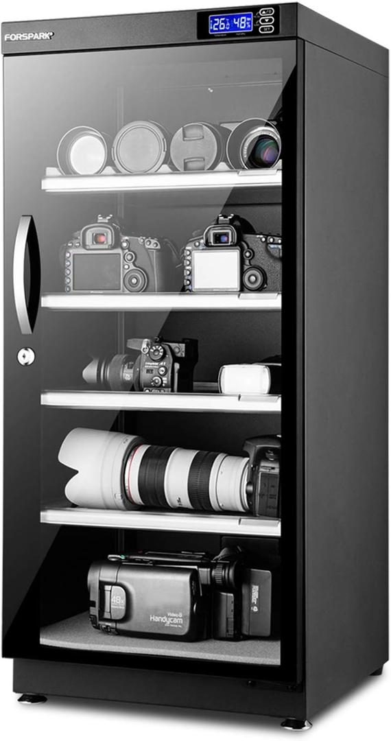 FORSPARK 125L Dual-Core Camera Dehumidifier Dry Cabinet, Quiet Humidity Control Storage with Lock & 4 Adjustable Shelves for DSLR, Lenses, Drones, Studios, Collectibles - 15W Energy Efficient, Black