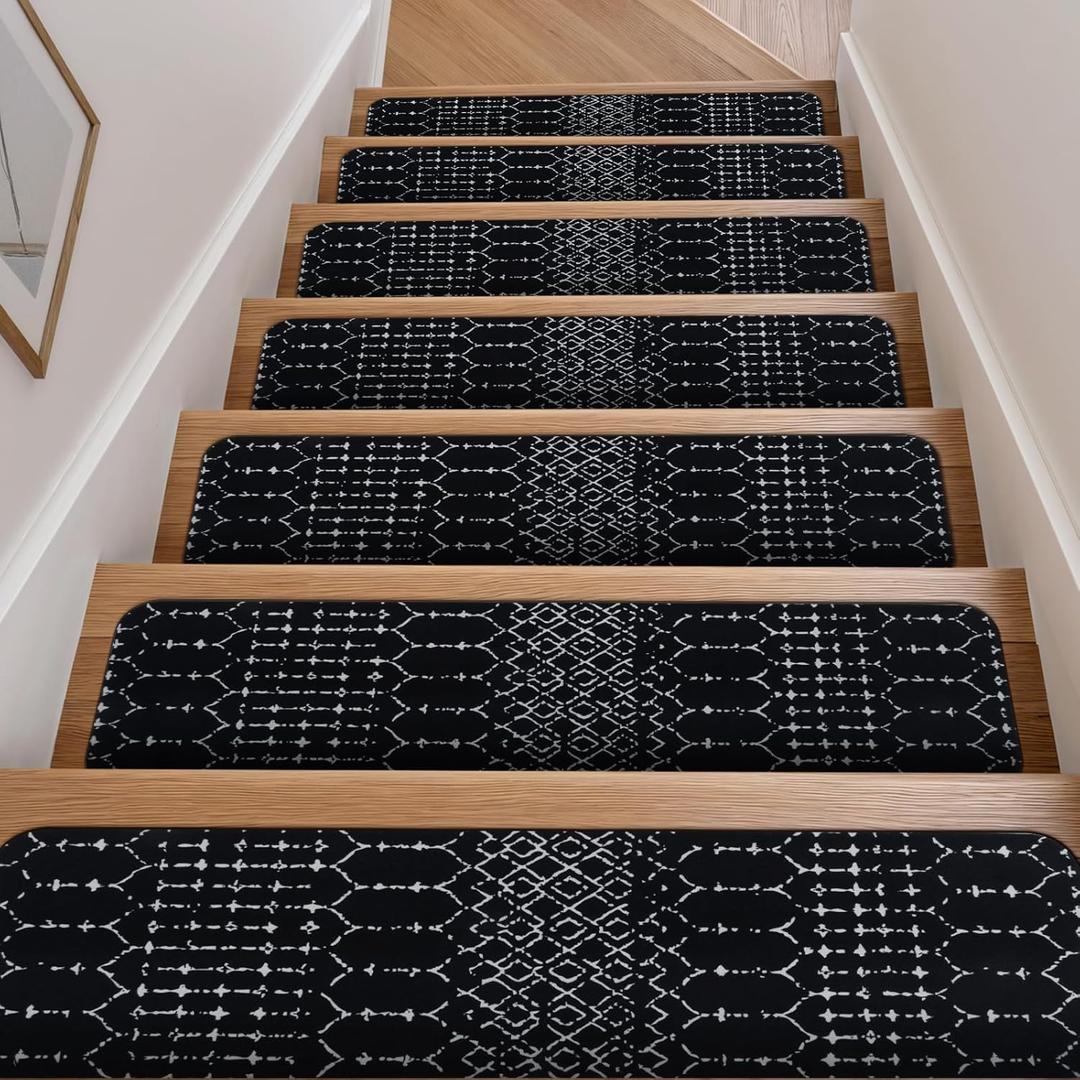 OJIA Stair Treads Non-Slip Stair Runners for Wooden Steps Indoor 15PCS 30"x8" Carpet Stair Treads Stair Mats Staircase Step Treads for Kids, Elders and Dogs, Stair Covers, Black