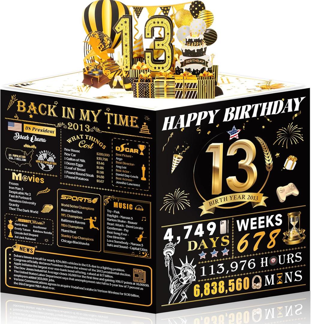 13th Birthday Card for Girl Boy Son Daughter, Big Pop Up 13th Birthday Cards for Grandson Granddaughter, Back In 2013 Funny 13 Year Old Birthday Decorations