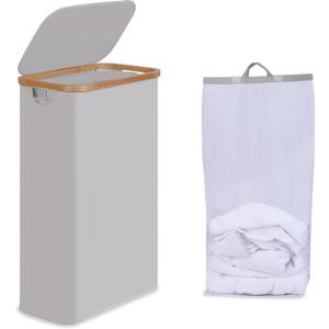 Efluky Slim Laundry Hamper with Lid, Narrow Laundry Hamper with Removable Bag, Collapsible Dirty Clothes Basket with Handles for Bathroom, Bedroom & Laundry Room, 75L Light Grey