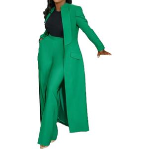 Famnbro Womens Suits 2 Piece Set Long Blazers Jacket Lapel and Straight Leg Pants Business Outfits (Large, Light Green)