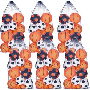 6 Pcs large Mesh Bag 24 x 48 inch Ball Mesh Drawstring Storage Sports Equipment Bag for Balls Beach (Blue)