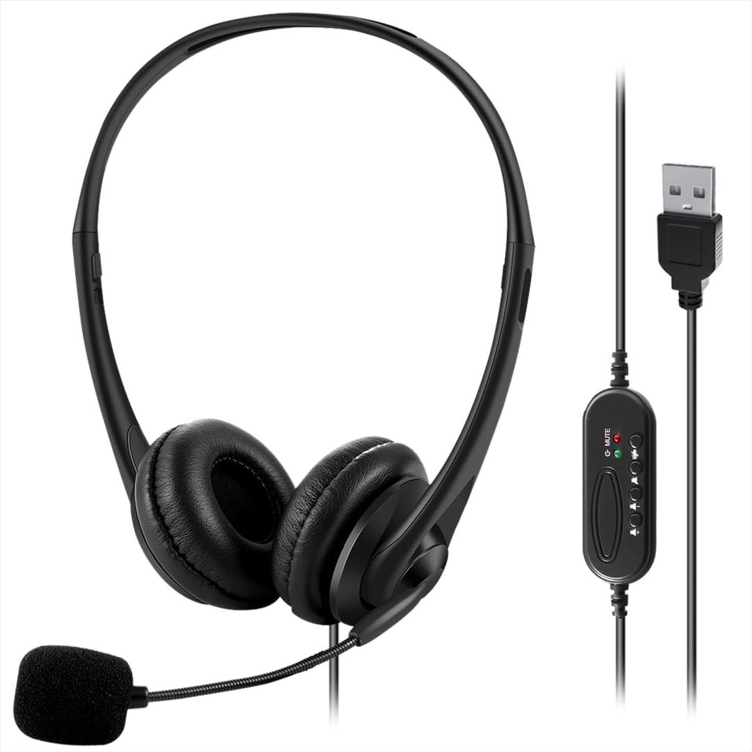 Computer USB Headset with Mic, Wired Headphones with Microphone for PC, Laptop (Black Slender)