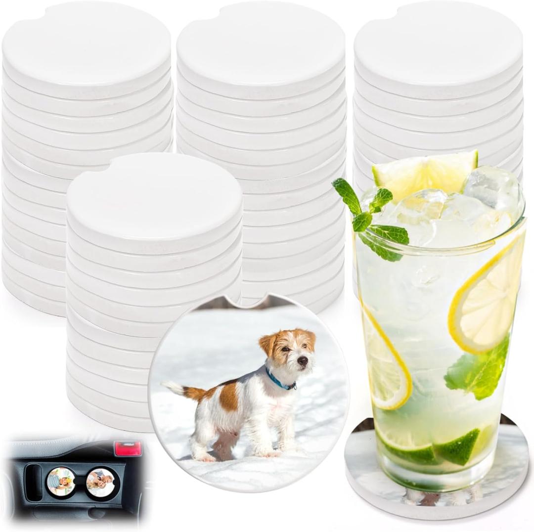24 Packs Ceramic Sublimation Car Coasters, Car Blanks Cupholders with Finger Notch for Easy Removal, Absorbent Auto Cup Holders Keep Vehicle Free from Cold Drink Sweat Stain Spill