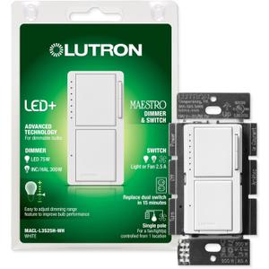 Lutron Maestro LED+ Dual Dimmer and Switch | 75-Watt LED Bulbs/2.5A Fans, Single-Pole | MACL-L3S25-WH | White