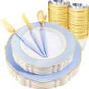 WDF 150pieces Baby Blue Plastic Plates with Gold Rim - Disposable Gold Plastic Silverware With Blue Handle-Baroque Light Blue&Gold Disposable Plates Dinnerware for Wedding/Party