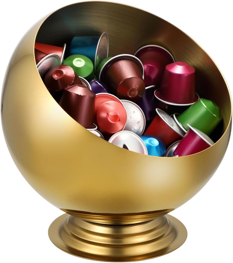 ELLDOO Coffee Pod Holder, Gold Metal Coffee Pod Storage for K Cup Nespresso Vertuo Keurig, Creamer Organizer Candy Bowl Fruit Snacks Jar for Countertop Kitchen Breakroom (7.1 inch height with base)