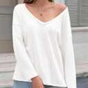 Tankaneo Womens Oversized Long Sleeve Shirts Deep V Neck Fall Tops Casual Loose Fit Tunic Basic Tees (White)