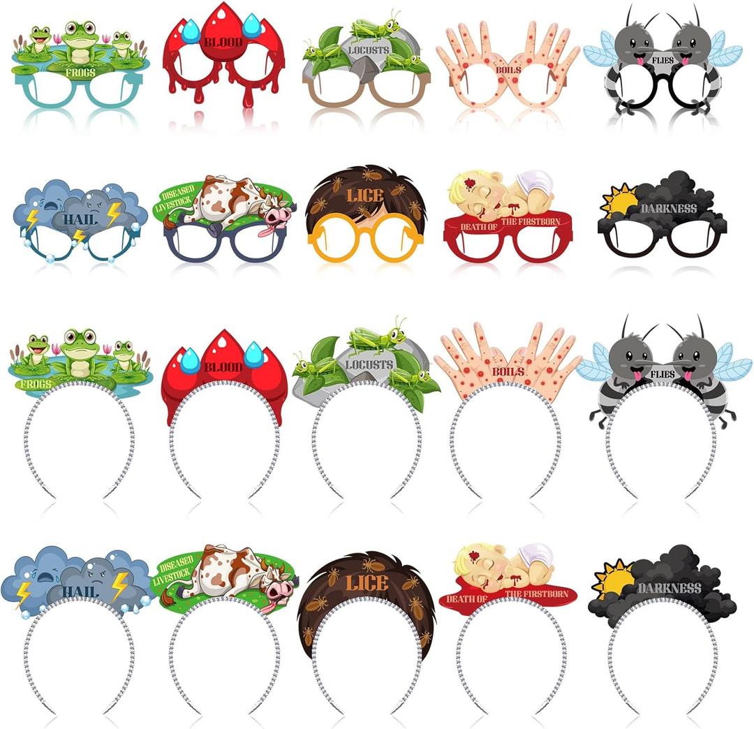 Pajean 20 Pcs Passover Decoration Include 10 Plagues Paper Eyeglasses 10 Plagues Headbands Photo Booth Props for Pesach Seder Family Party Favors Decorations Supply