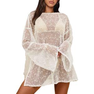 Gleeneat Crochet Swimsuit Coverup for Women Boat Neck Bathing Suit Cover Up 2026 Summer Sexy Beach Caftan Dress, Size: Small