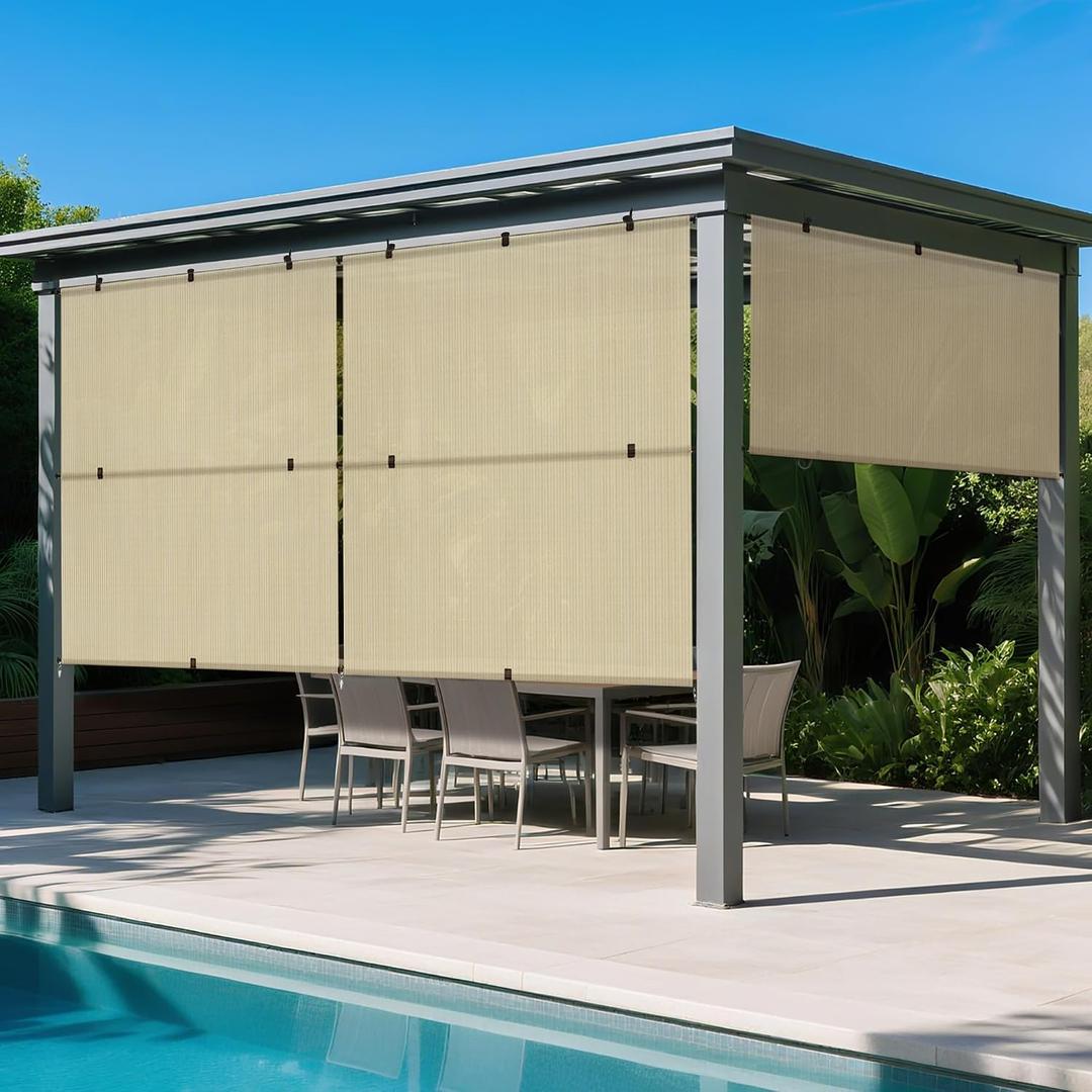 Windscreen4less 8'W x 6'H Outdoor Roll Up Foldable Shade Fabric UV Blockage Roller Shade for Deck Pergola Yard Gazebo Patio (Beige), 96"W x 72"H
