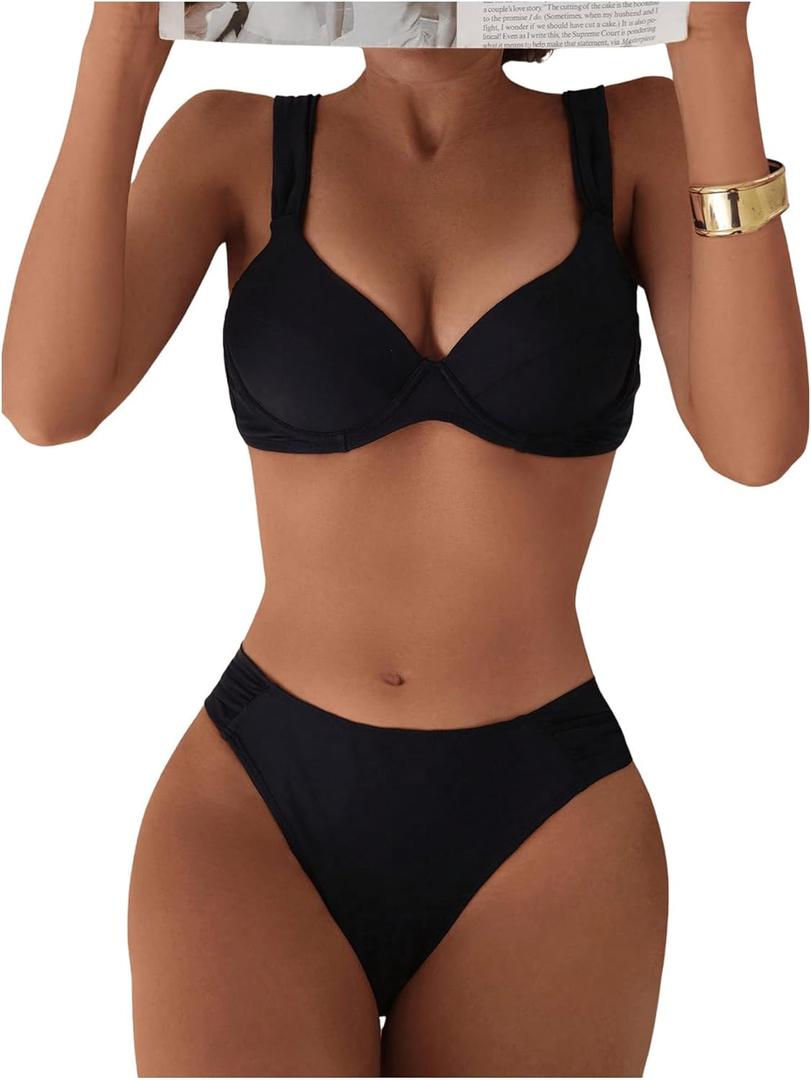 SOLY HUX Women's Two Piece Bathing Suit Underwire Push Up Swimsuit Summer Beach Bikini Set Solid Black Small SOLY HUX Women's Two Piece Bathing Suit Underwire Push Up Swimsuit Summer Beach Bikini Set Solid Black Small