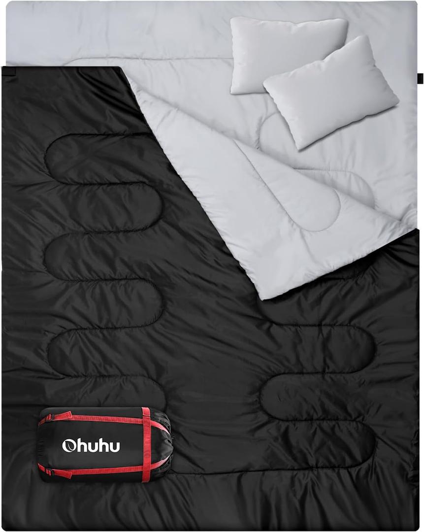 Ohuhu Double Sleeping Bag: Queen Size 2 Person 3 Season for Warm & Cold Weather Camping Sleeping Bag with 2 Pillows, Large Size 87'' x 60'' Waterproof Lightweight (Black)