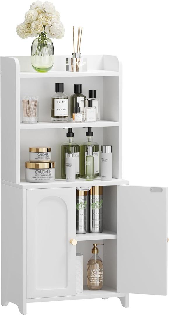 Bathroom Cabinet with 2 Doors, Small Freestanding Storage Cabinet with Adjustable Shelf, Slim Bathroom Organizers, Floor Cabinet for Small Spaces, Bathroom, 7.9" D x 14.7" W x 32" H, White