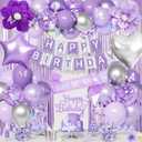 Purple Birthday Decorations for Women Girls, Lavender Silver Metallic Balloons Glitter Sash Fringe Curtain Butterfly Decor Cake Topper Happy Birthday Banner Butterfly Party Decorations Lavender Bday