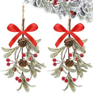Giegxin 2 Pieces Christmas Artificial Mistletoe Ornament with Red Bow Christmas Hanging Mistletoe Decoration Bouquet Floral Natural Pine Cones Holiday Decoration Ornament Bouquet (Bright Style)