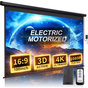 Motorized Projector Screen Pull Down 100 Inch 16:9 HD Automatic Projector Screen with Remote, Electric Retractable Black Projection Screen Portable, Roll Up Movie Screens for Projectors Outdoor Indoor